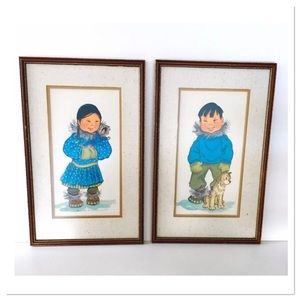 Joan Arend Kickbush Original Watercolor Set Inuit Children Signed